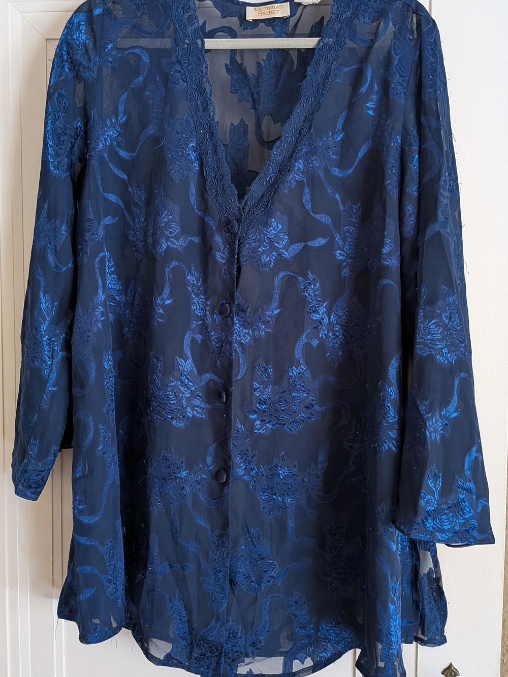 Vintage Victoria's Secret Deep Blue Sheer Floral Jacquard Button-Front Tunic